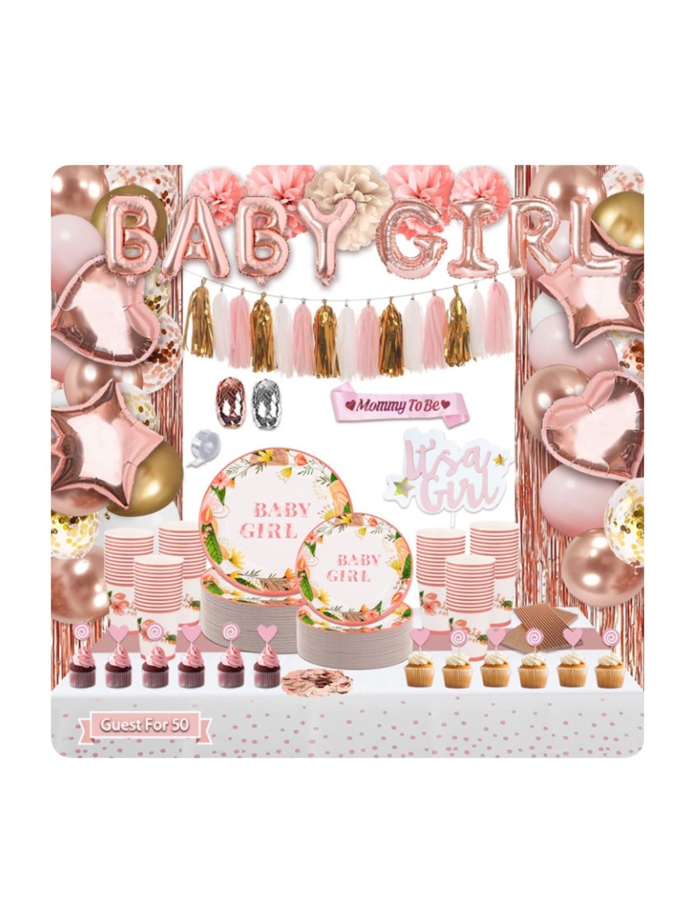 301 Pc Baby Girl Shower Party Decorations - 50 Guests